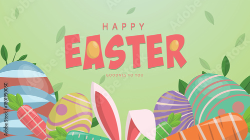 Easter banner white bunny ears hiding among eggs