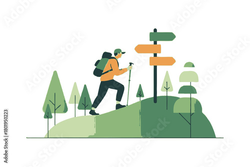 A person hikes up a hill with a backpack and trekking poles, passing a signpost with multiple arrows pointing in different directions.
