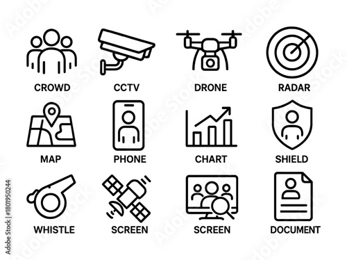Technology icons: crowd, cctv, drone, radar, map, phone, chart, shield, whistle, screen, document
