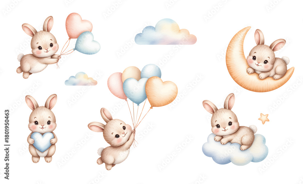 Obraz premium Cute kids watercolor rabbits with balloons for baby birthday. Soft pastel moon and cloud bunny watercolor nursery art.