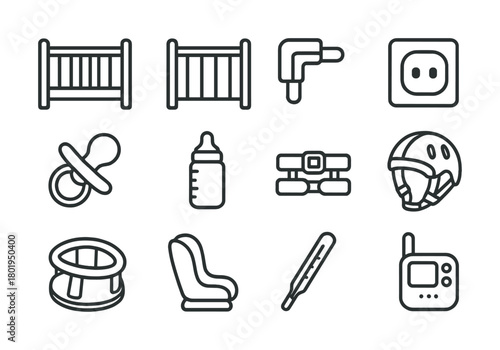 Safety and baby care essentials: fence, outlet plug, pacifier, bottle, monitor, thermometer icons