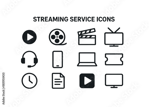 Streaming service icons: play, movie, clapperboard, tv, headset, smartphone, laptop, ticket