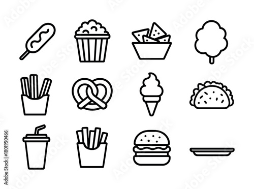 Outline icons of classic fast food snacks and treats