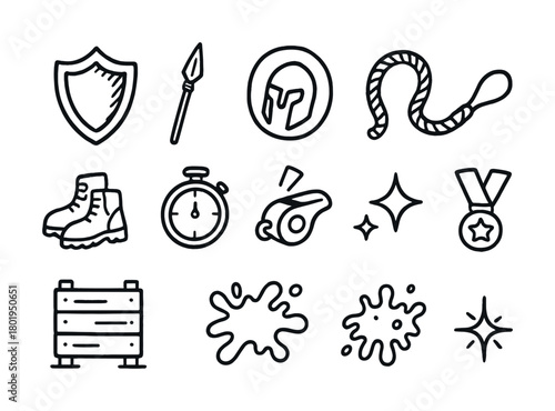 Simple outline icons of shield, spear, helmet, rope, boot, stopwatch, whistle, sparkles, medal