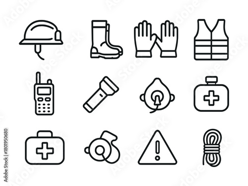 Safety equipment icons: helmet, boots, gloves, vest, radio, flashlight, mask, kit, whistle, warning sign, rope