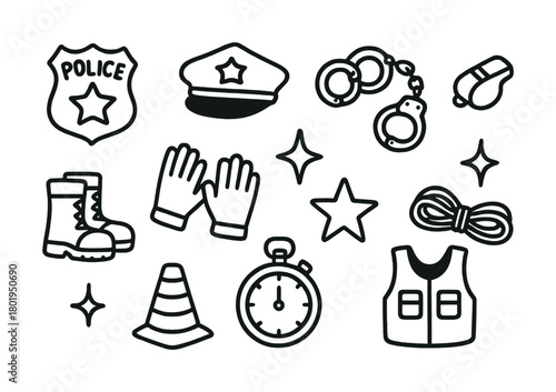 Police symbols collection: badge, handcuffs, hat, boots, whistle, gloves, stopwatch