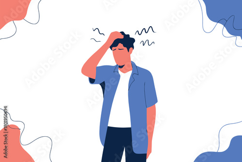 A person clutches their head in distress with abstract shapes in the background.