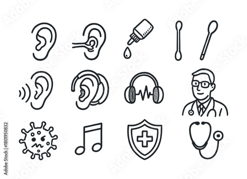 Ear care icons set: hearing, health, protection, doctor, music symbols