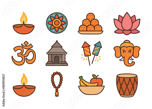 Diwali symbols: diyas, sweets, lotus, om, temple, fireworks, elephant, garland, fruit, drum