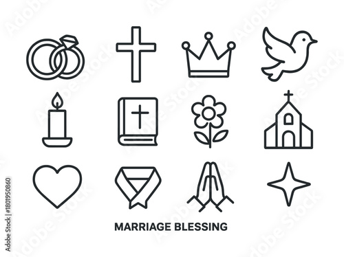 Minimalist marriage blessing icons: rings, cross, crown, dove, candle, bible, flower, church, heart, praying hands, star