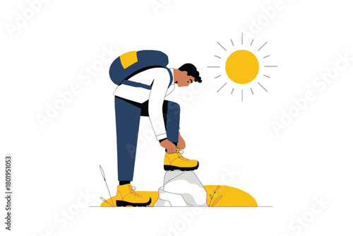 A person laces up hiking boots on a rock under a bright sun.