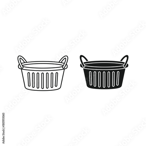 Two laundry baskets, one in outline and one in solid, isolated on