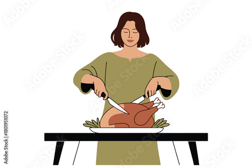 A person carves a roasted turkey on a platter with knives, isolated on a white background.