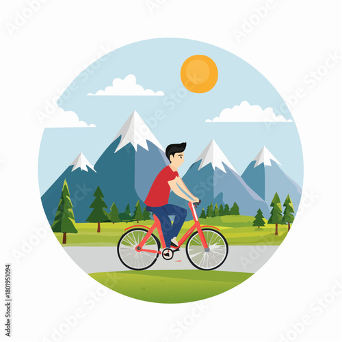 holiday vacation concept, man ride bicycle on mountain landscape.