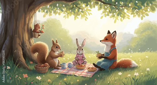 Charming woodland animals fox squirrel and rabbit enjoy a picnic in a sunny meadow.