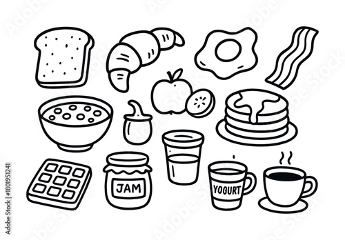 Variety of breakfast foods: bread, croissant, eggs, bacon, fruit, pancakes, cereal, jam, yogurt, coffee