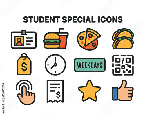 Student special icons: id, food, tags, and more in colorful design