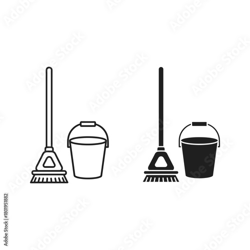 Cleaning tools icon set, broom and bucket isolated on