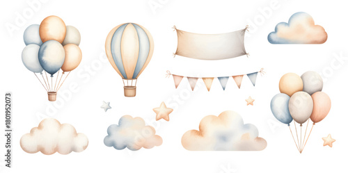 Kids watercolor party elements with balloons, stars and clouds. Soft pastel watercolor birthday decorations.