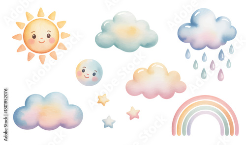 Watercolor sun and clouds illustration for kids nursery birthday decor. Cute pastel sky elements watercolor collection.