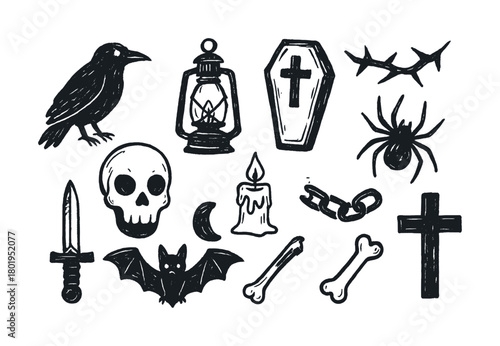 Spooky halloween icons: raven, skull, spider, bat, and crossed bones
