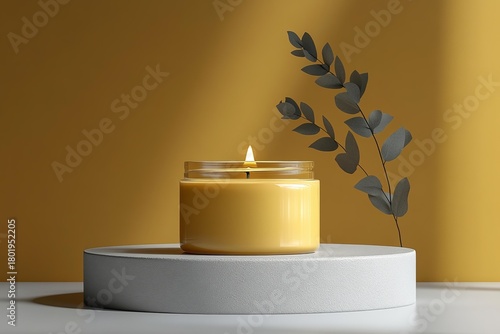 Candle jar mockup with burning flame minimal design yellow background cozy atmosphere modern decor template commercial branding product photography concept