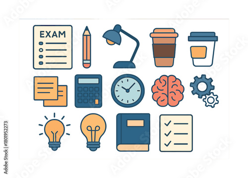 Educational icons set with exam paper, coffee cup, lightbulb, clock, calculator, book, and brain