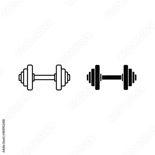 Two dumbbells, one in line art and one in solid fill isolated on
