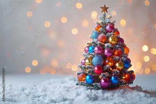 Colorful Christmas tree covered with bright ornaments and snow, glowing with lights against warm bokeh background