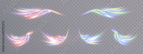 Vibrant magical swirls with motion effects and curved energy trails create dynamic impact effects for fantasy visuals, spell accents, and lighting overlays in game and fairytale designs.