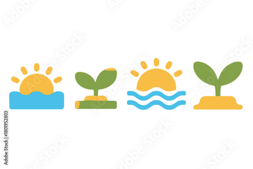 A series of icons depicts the growth stages of a plant from seedling to maturity, bathed in sunlight.