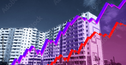 3d Market purple and red graph on residential building background. Real estate. Purchase, sale and rental house. Investment trusts REIT. Construction industry. forecast. Rent Price Growth. Bar chart.