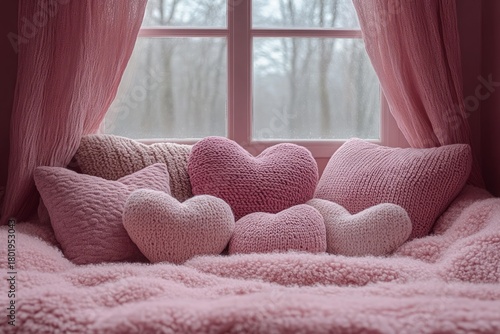 Heart pillows cozy window soft romantic pink interior warm atmosphere knitted fabric love symbol winter season decorative background design element comfort