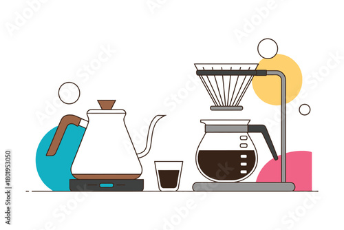 A pour-over coffee setup with a kettle, carafe, and glass is shown.