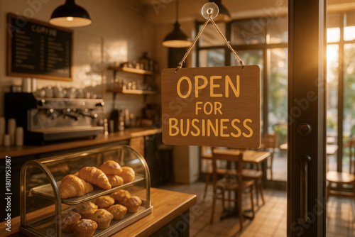 Coffee shop interior wooden counter pastries croissants muffins open sign warm sunlight cozy atmosphere inviting design small business lifestyle