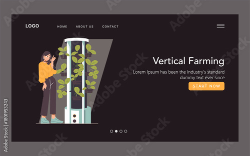 Woman Observing Vertical Farming Plants Illustration