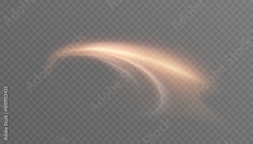 A golden, curved light trail with a soft glow on a transparent background. A vibrant, arched swirl with glittering highlights for overlays, titles, and abstract designs.	