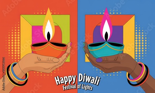 Colorful Diwali greeting with hands holding traditional diyas.