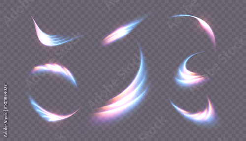 Vibrant magical swirls with motion effects and curved energy trails create dynamic impact effects for fantasy visuals, spell accents, and lighting overlays in game and fairytale designs.