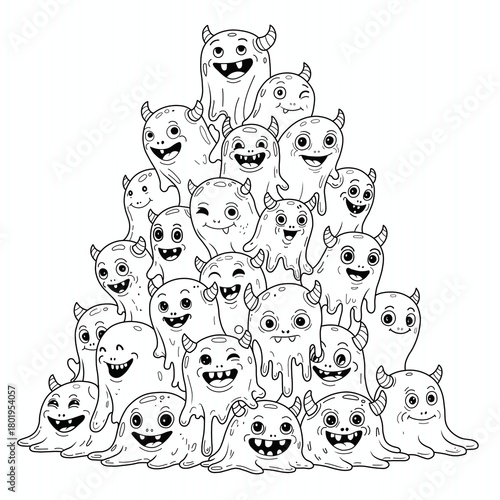 A large pyramid of smiling slime monsters stacks upward, each one showing funny expressions, tiny horns, and wobbly shapes in a lively monster crowd.