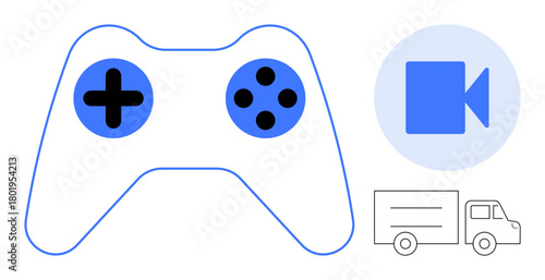 Gaming controller, video camera, and delivery truck symbols convey gaming, multimedia, logistics, and innovation. Ideal for tech, streaming, entertainment gaming delivery digital creativity