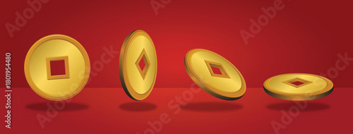 Gold chinese coin in different perspective