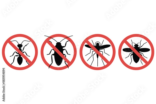 Four circular red signs with a black line prohibiting common household pests.