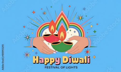 Colorful diya illustration celebrating Happy Diwali festival of lights.
