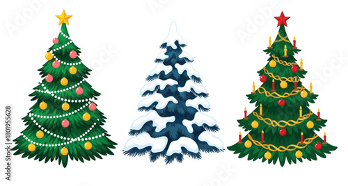 Three festive decorated christmas trees with ornaments and lights on a white background