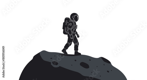Astronaut silhouette walking on a rocky alien planet surface against a stark white background