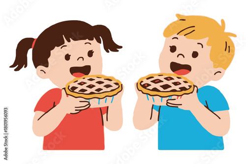 Two young children happily eating their individual pies