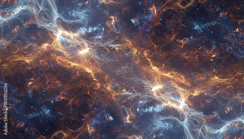 Abstract glowing nebulae with swirling orange and blue light patterns creating a cosmic background effect