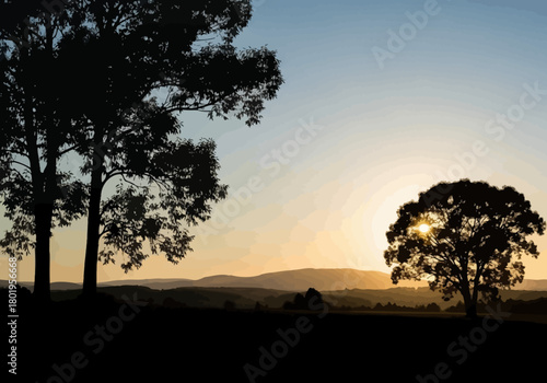 Two trees flank a goldenhued sunset over distant hills casting the foreground in deep silhouette