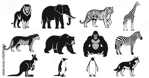 Collection of silhouette illustrations of diverse wild animals from different continents and habitats